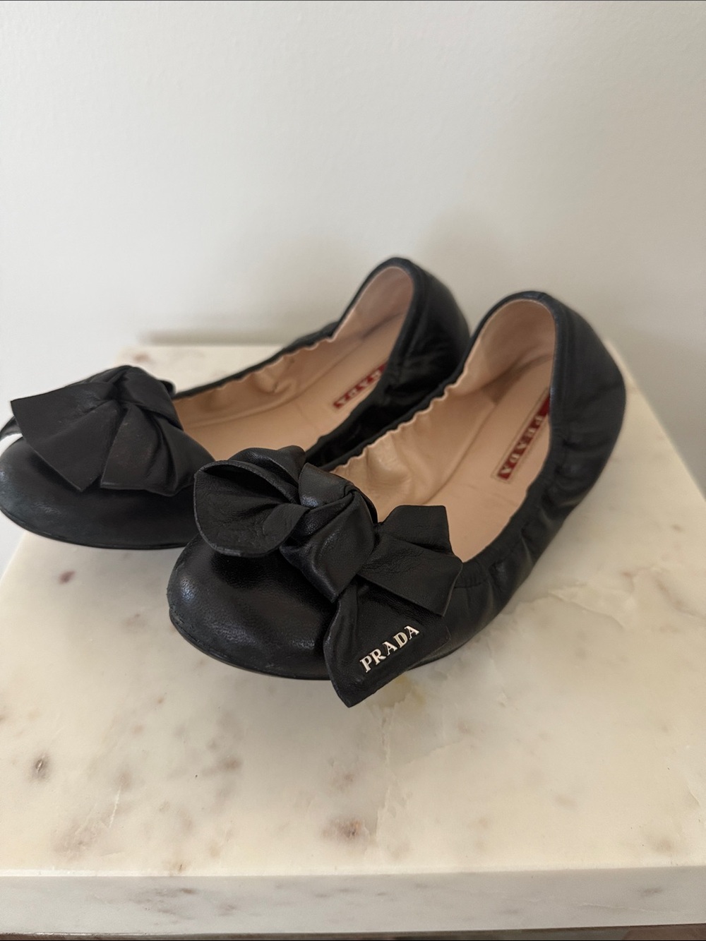 Prada Black Leather Bow Ballet Flats - Women's